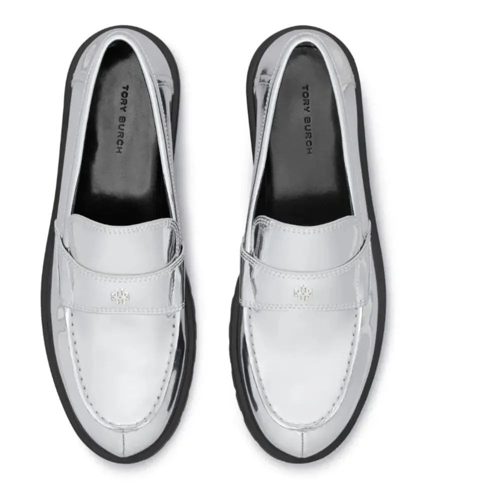 NEW Tory Burch Silver Classic Lug Sole Classic Designer Loafers Size 8